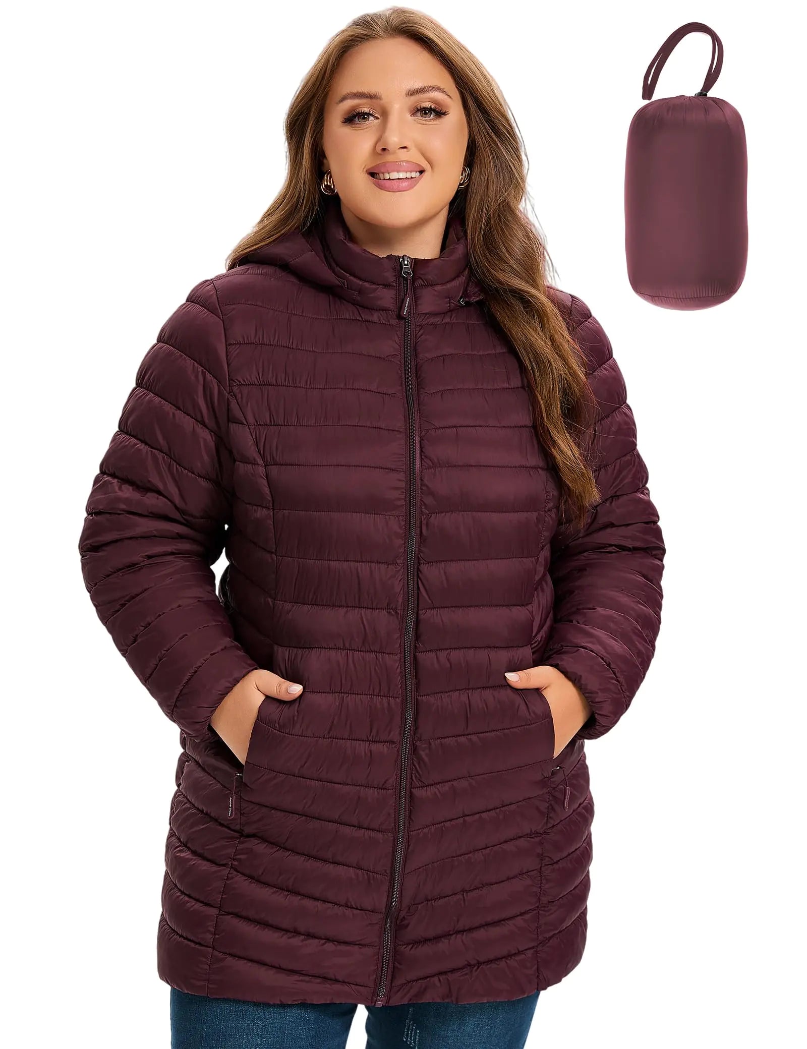 SLOW DOWN Womens Plus Size Lightweight Puffer Jacket Womens Packable Winter Jacket Womens Puffy Jacket with Detachable Hood (Wine3X)