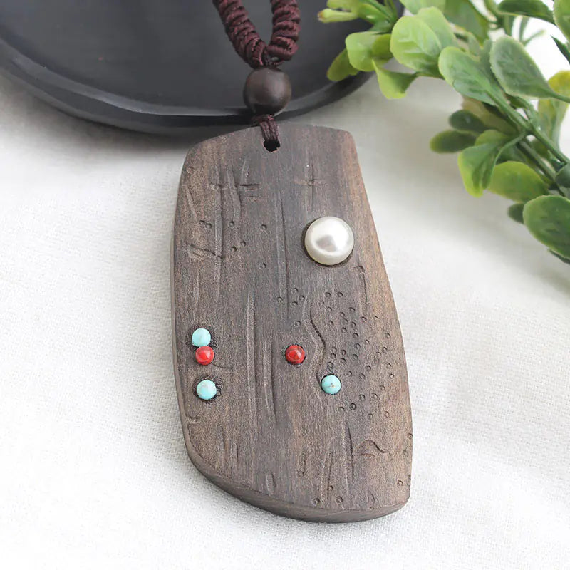 Vintage-Inspired Long Sweater Necklace with Wooden Pendant