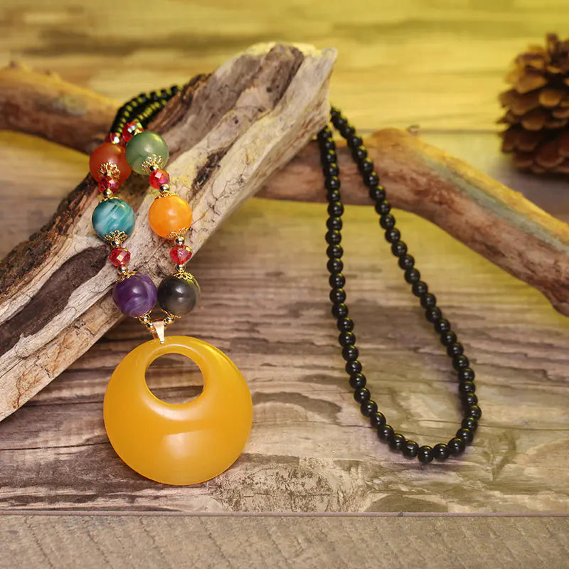 Vintage Glass Bead Sweater Necklace with Wax Pendant