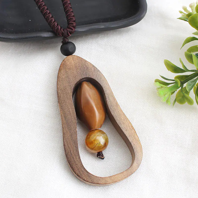 Vintage-Inspired Long Sweater Necklace with Wooden Pendant