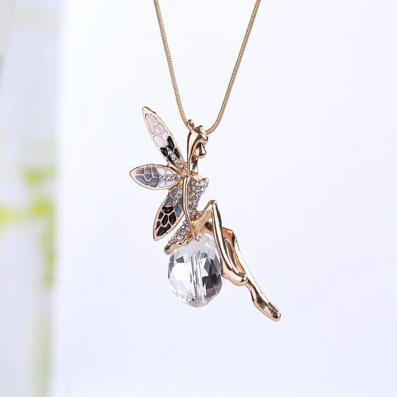 Angel Sweater Necklace with Crystal Long Pendant