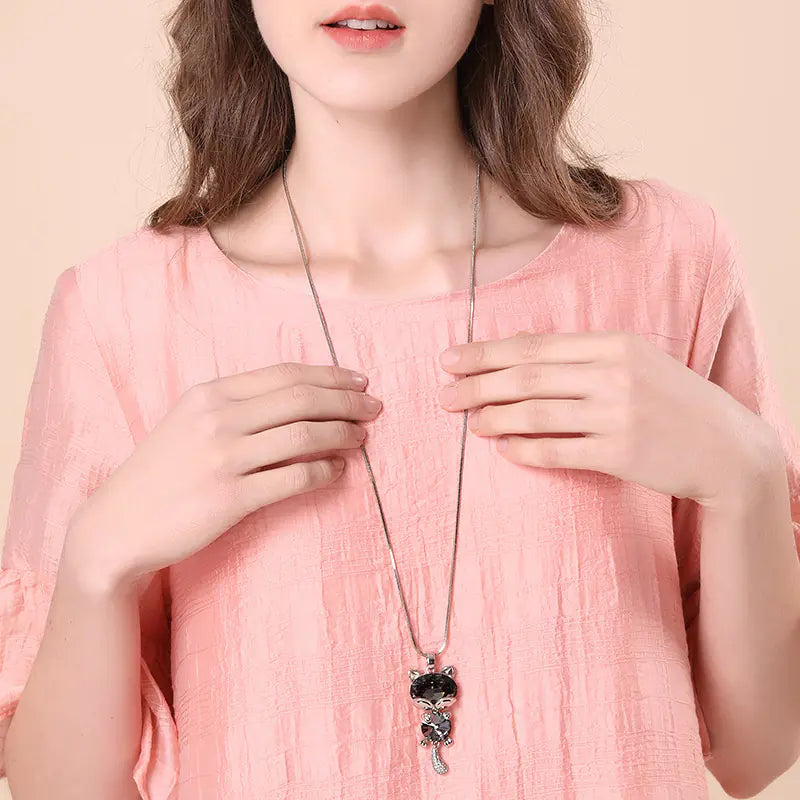 Long Sweater Chain with Cat Crystal Pendant Necklace