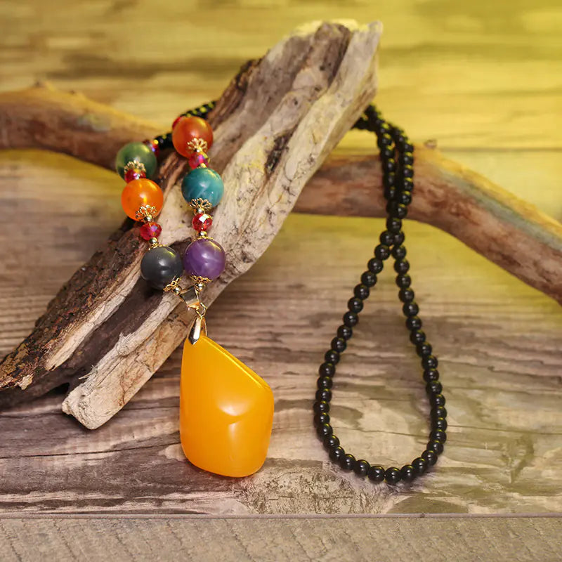 Vintage Glass Bead Sweater Necklace with Wax Pendant