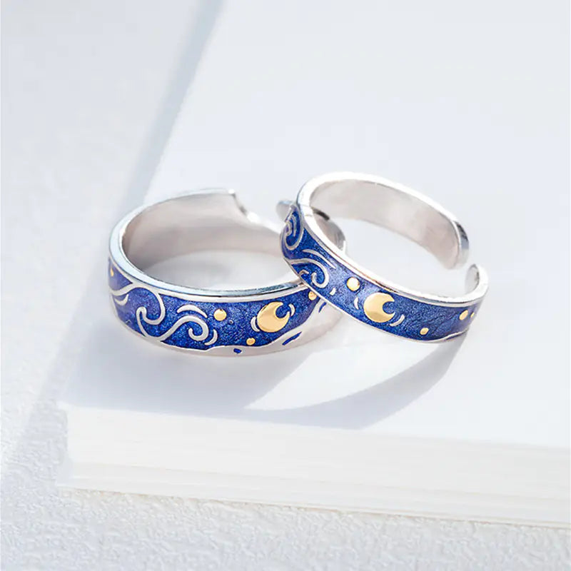 Elegant Sea Blue Starry Sky Couple Ring