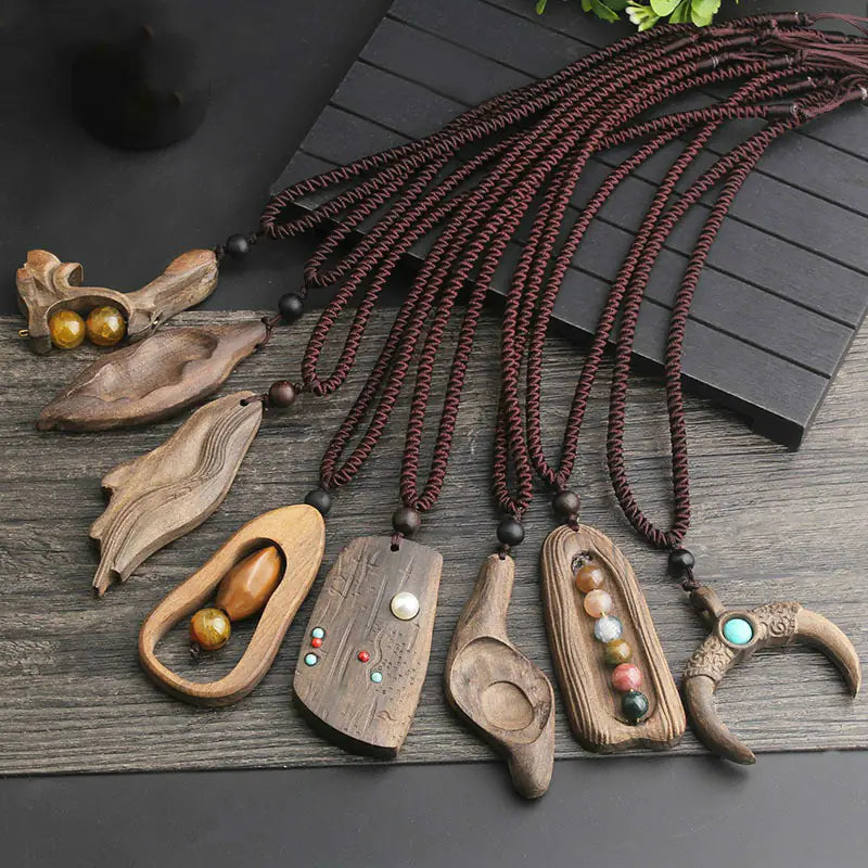Vintage-Inspired Long Sweater Necklace with Wooden Pendant