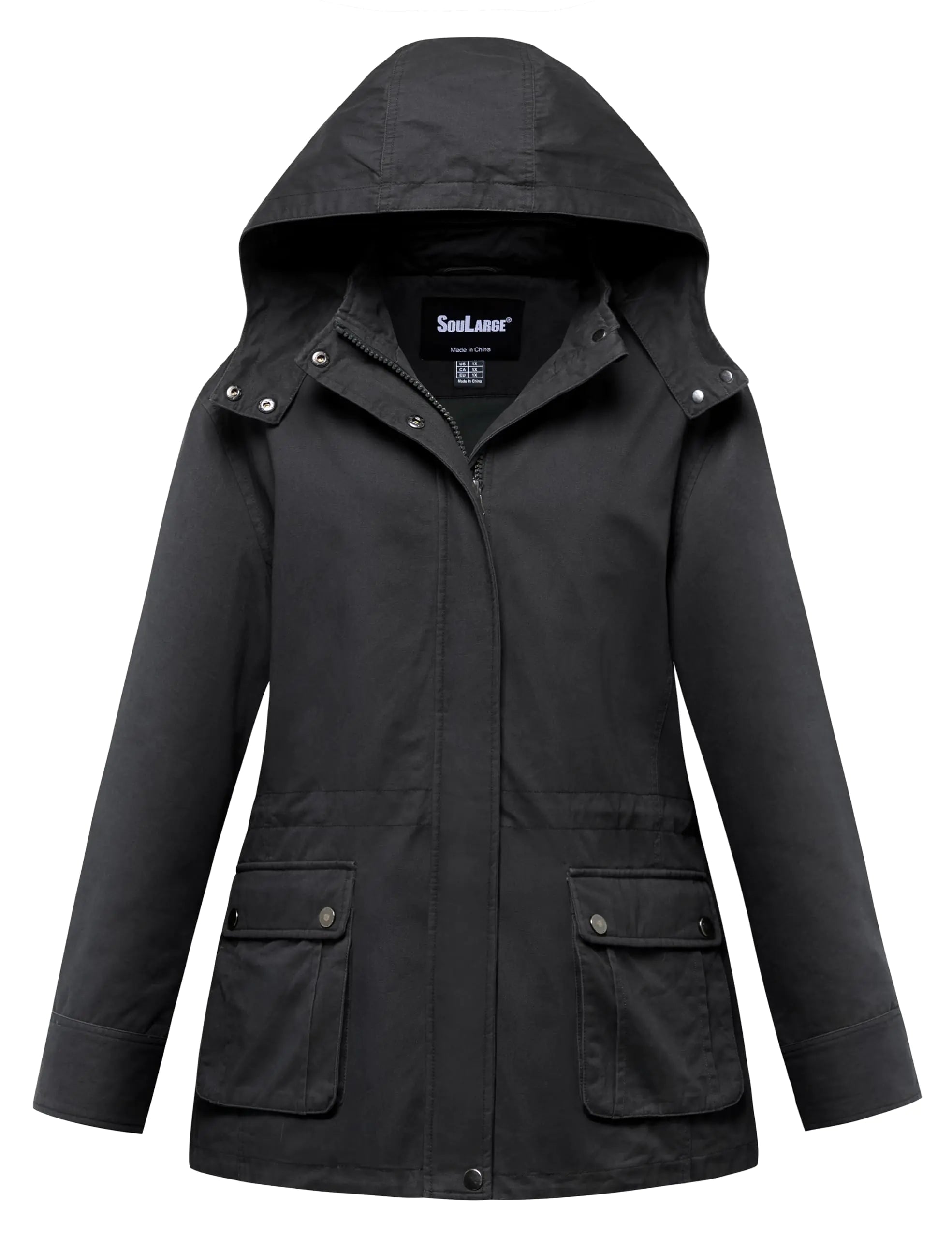 Soularge Womens Plus Size Lightweight Casual Cotton Jacket with Detachable Hood(Grey1X)