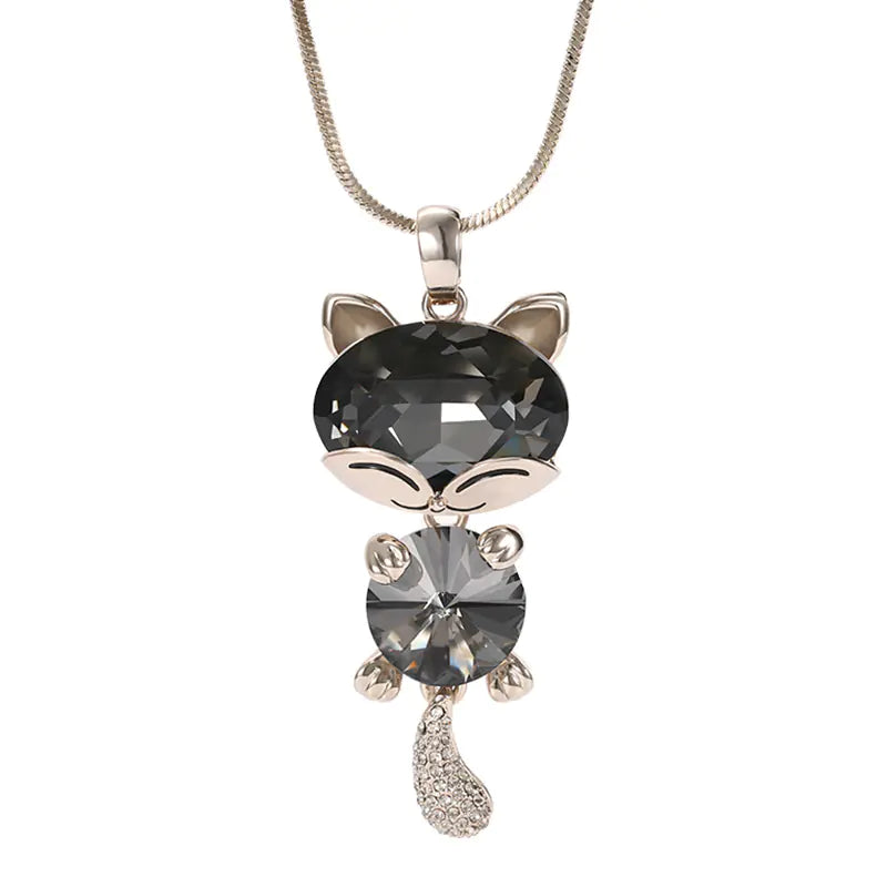 Long Sweater Chain with Cat Crystal Pendant Necklace