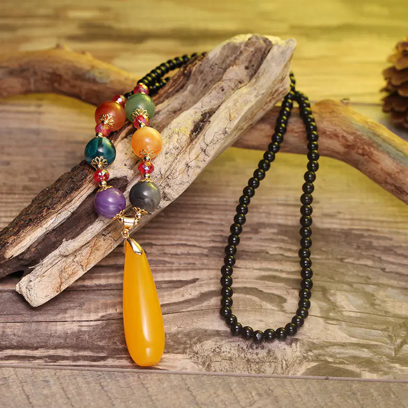 Vintage Glass Bead Sweater Necklace with Wax Pendant