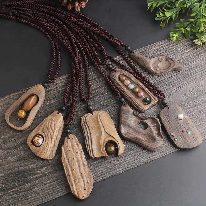 Vintage-Inspired Long Sweater Necklace with Wooden Pendant