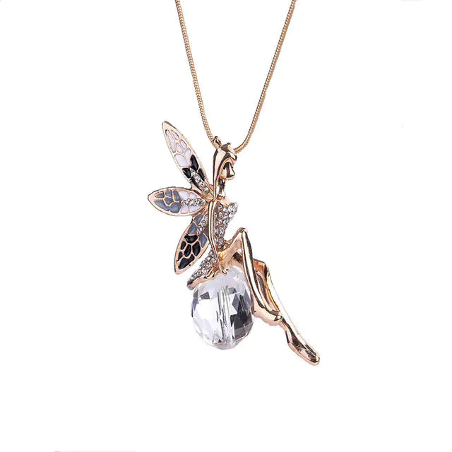 Angel Sweater Necklace with Crystal Long Pendant