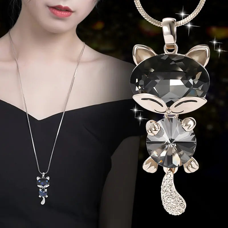 Long Sweater Chain with Cat Crystal Pendant Necklace