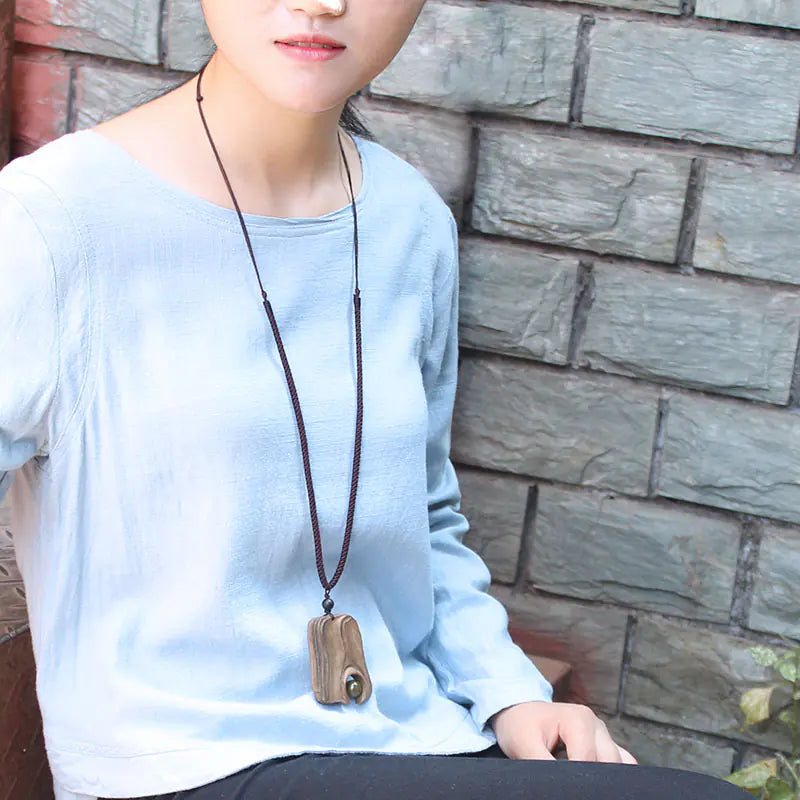 Vintage-Inspired Long Sweater Necklace with Wooden Pendant