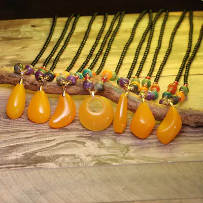 Vintage Glass Bead Sweater Necklace with Wax Pendant