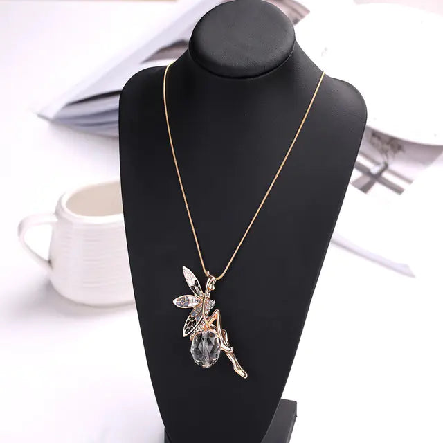 Angel Sweater Necklace with Crystal Long Pendant