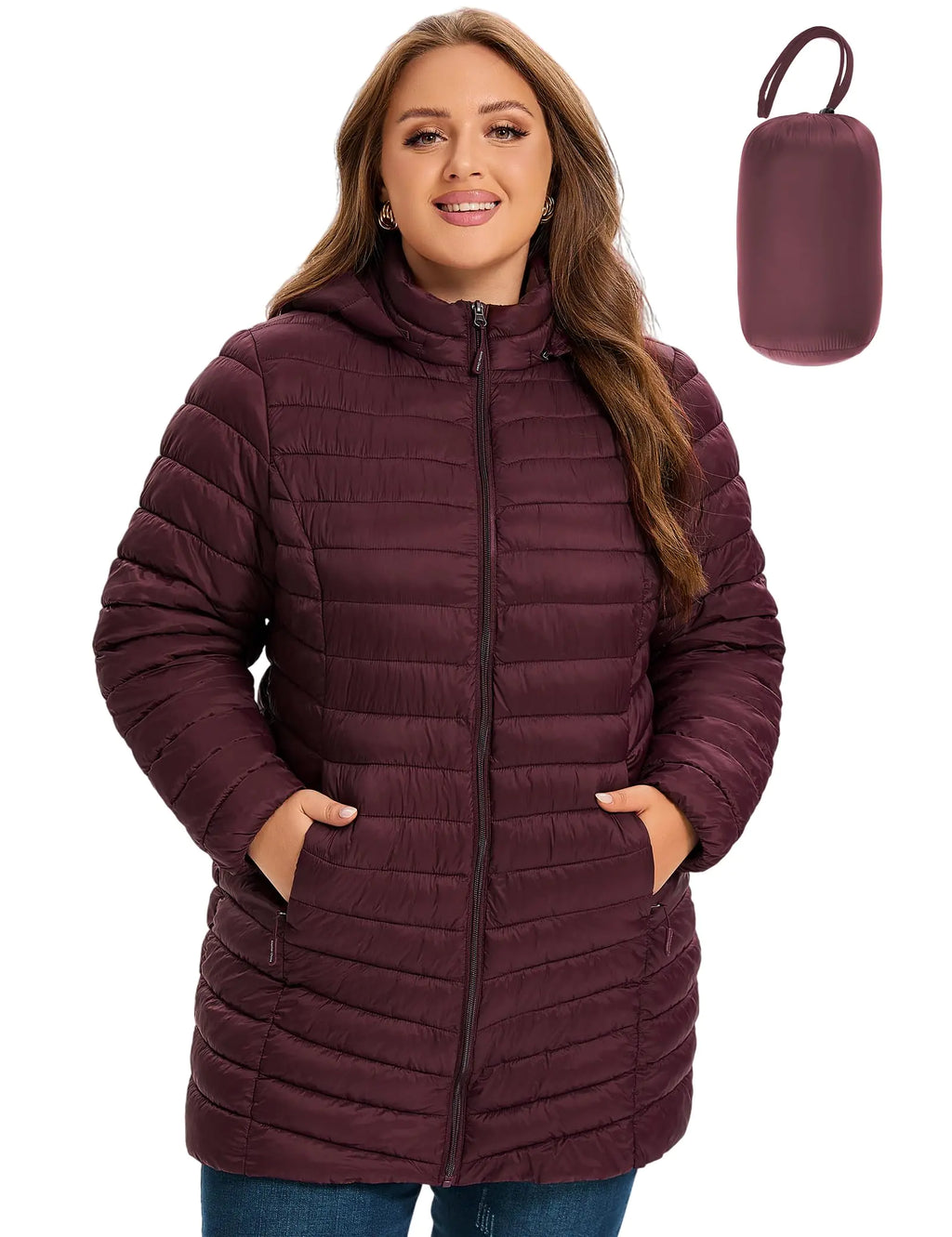 SLOW DOWN Womens Plus Size Lightweight Puffer Jacket Womens Packable Winter Jacket Womens Puffy Jacket with Detachable Hood (Wine3X)