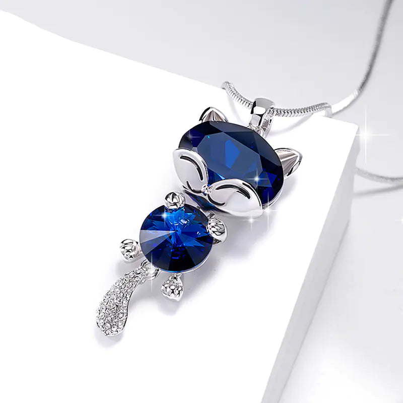 Long Sweater Chain with Cat Crystal Pendant Necklace