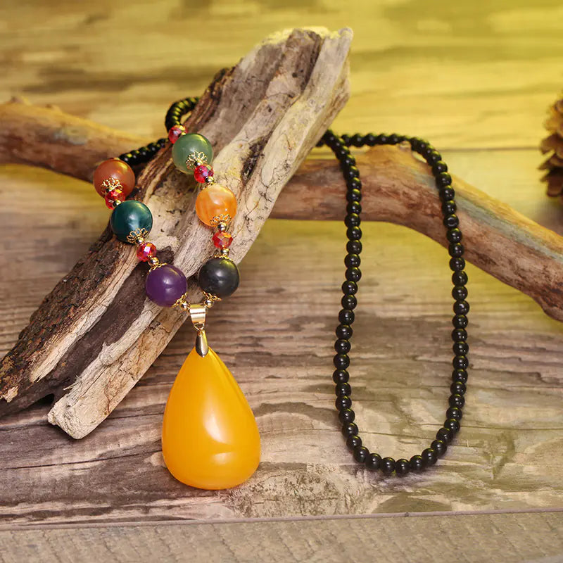 Vintage Glass Bead Sweater Necklace with Wax Pendant