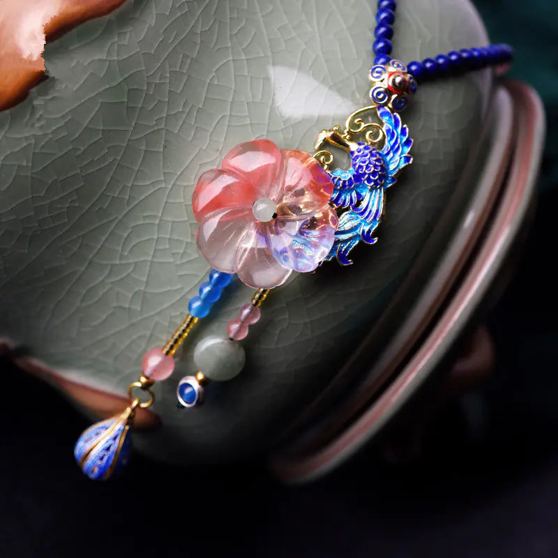 Vintage Style Long Necklace with Cloisonné Pendant