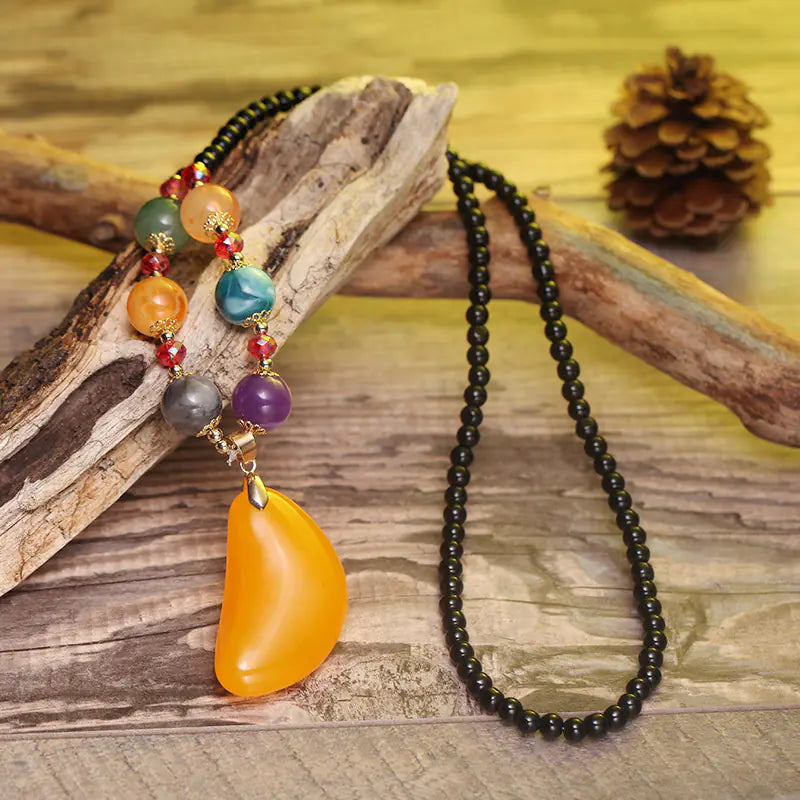 Vintage Glass Bead Sweater Necklace with Wax Pendant