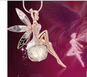 Angel Sweater Necklace with Crystal Long Pendant