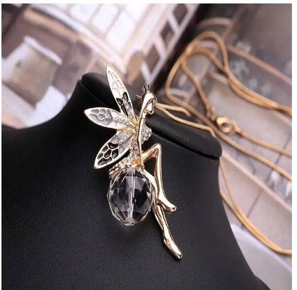 Angel Sweater Necklace with Crystal Long Pendant