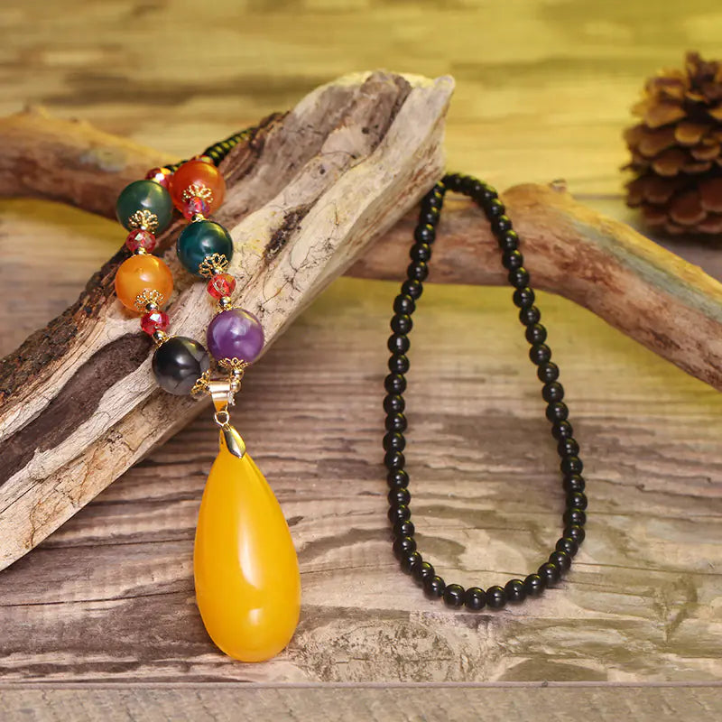 Vintage Glass Bead Sweater Necklace with Wax Pendant