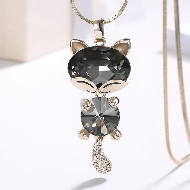Long Sweater Chain with Cat Crystal Pendant Necklace